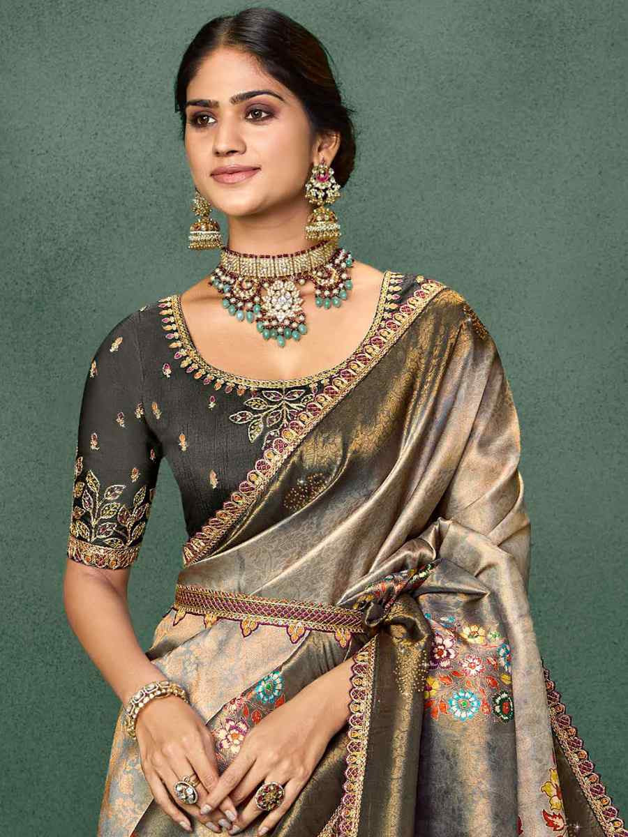 Grey Silk Embroidered Reception Party Heavy Border Saree