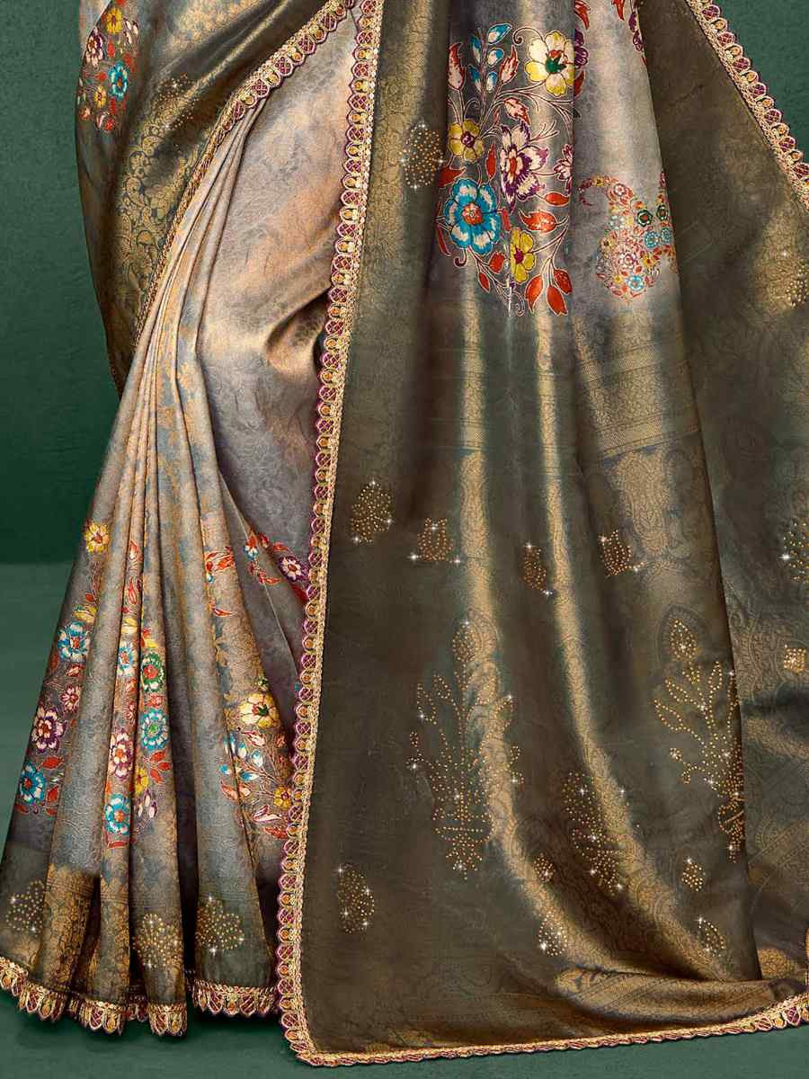 Grey Silk Embroidered Reception Party Heavy Border Saree