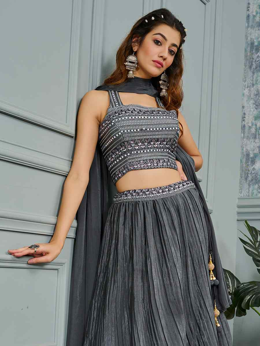 Grey Silk Embroidery Festival Wedding Heavy Border Lehenga Choli