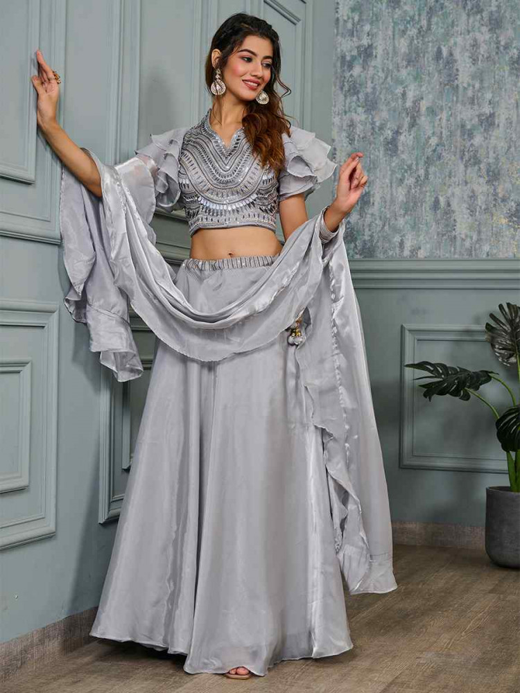 Grey Silk Embroidery Festival Wedding Heavy Border Lehenga Choli