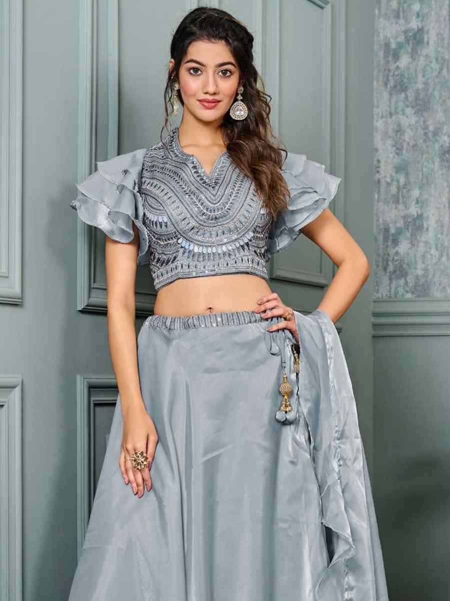 Grey Silk Embroidery Festival Wedding Heavy Border Lehenga Choli