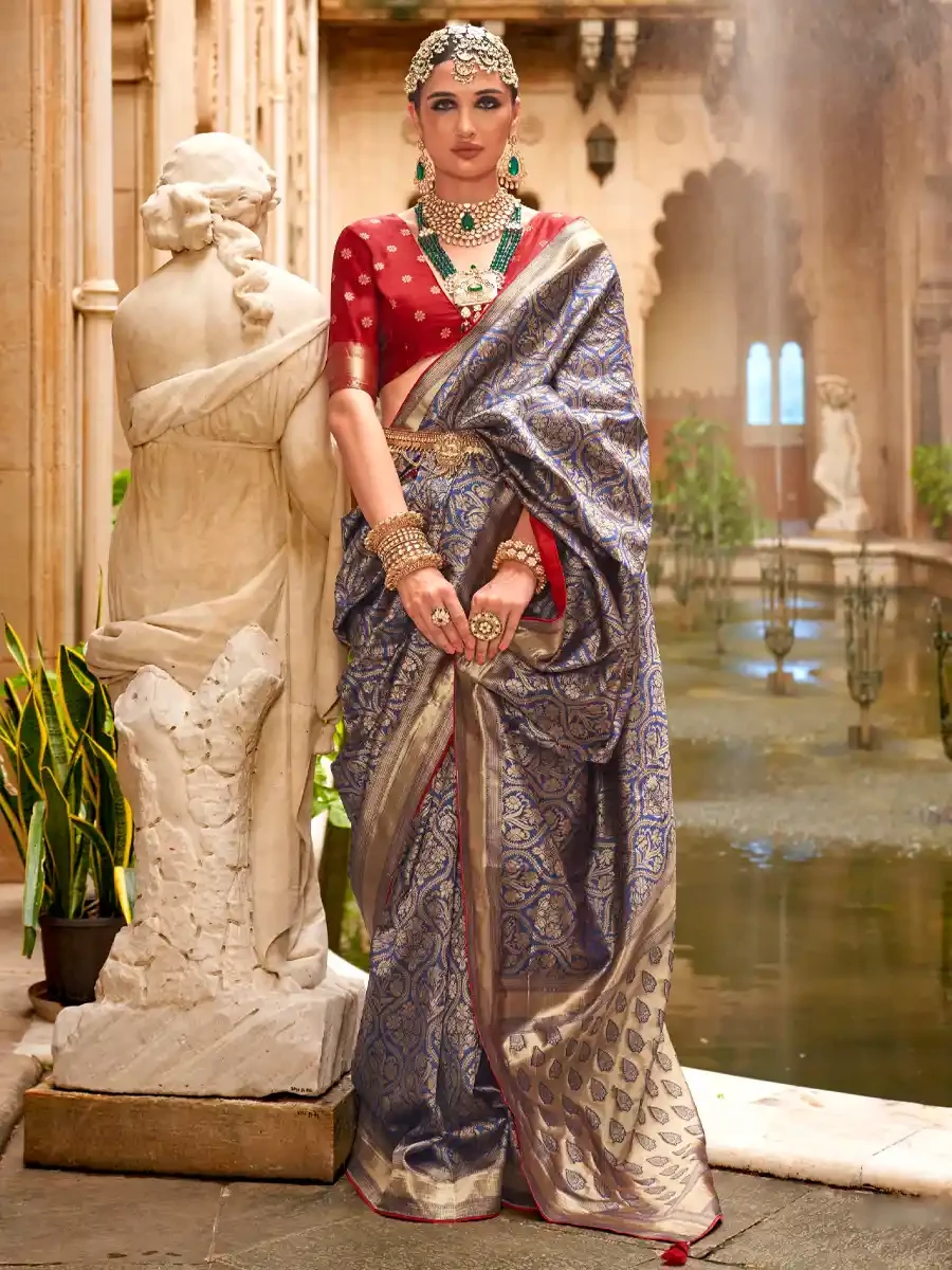 Grey Silk Handwoven Festival Wedding Heavy Border Saree