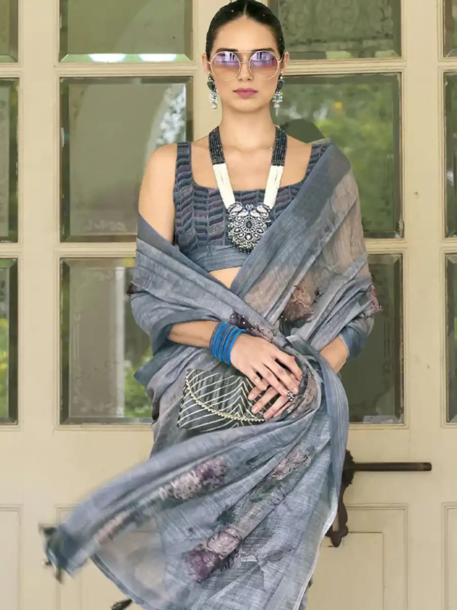 Grey Silk Handwoven Festival Wedding Heavy Border Saree