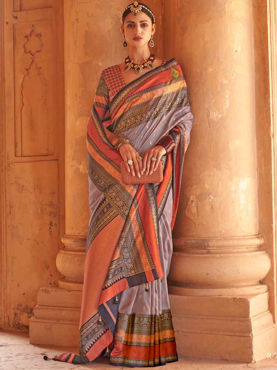 Grey Silk Handwoven Wedding Festival Heavy Border Saree