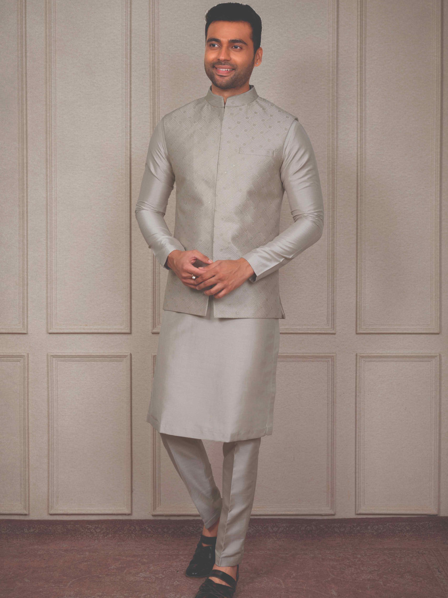 Grey Silk Woven Groom Wedding Kurta