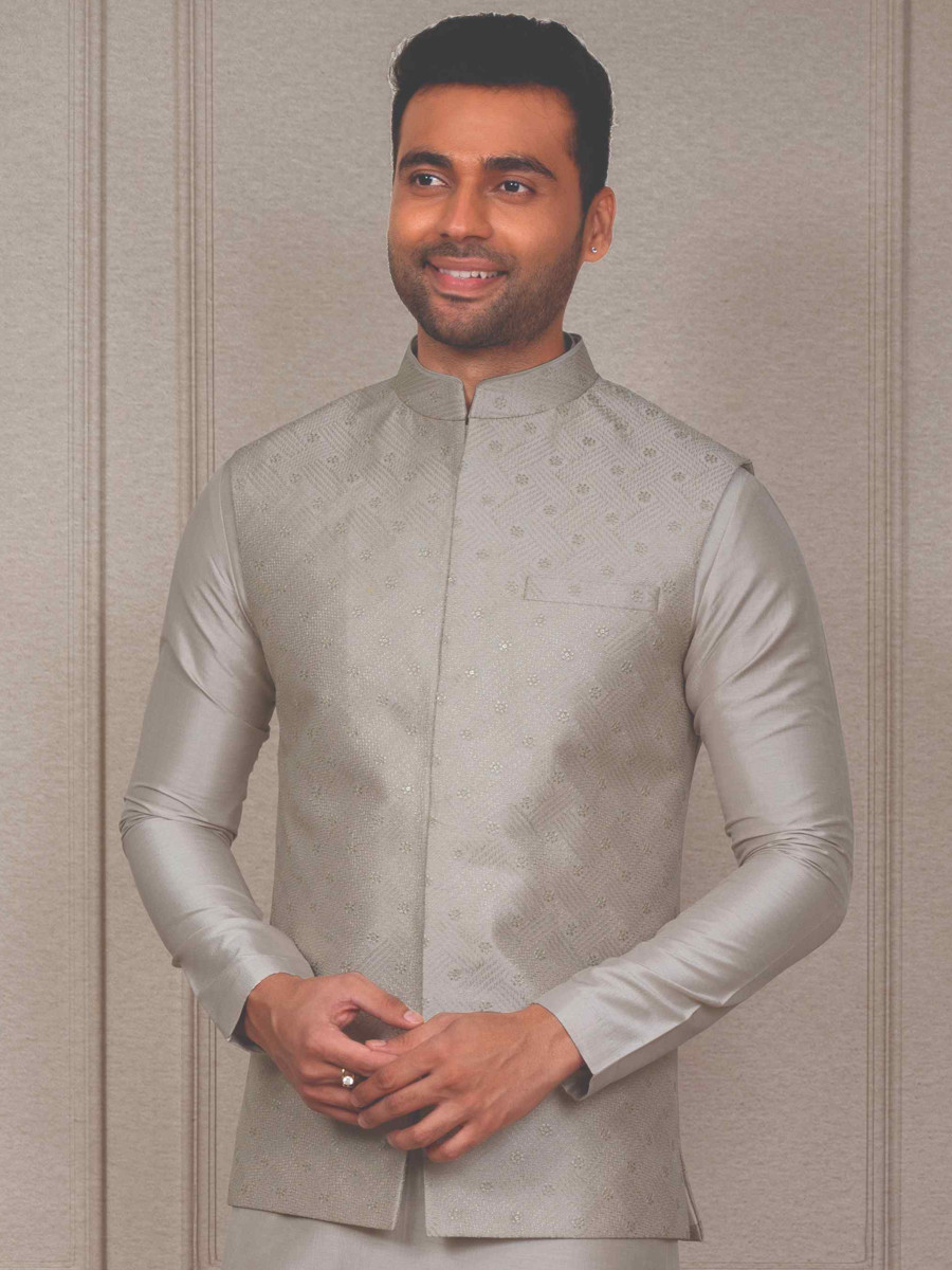 Grey Silk Woven Groom Wedding Kurta