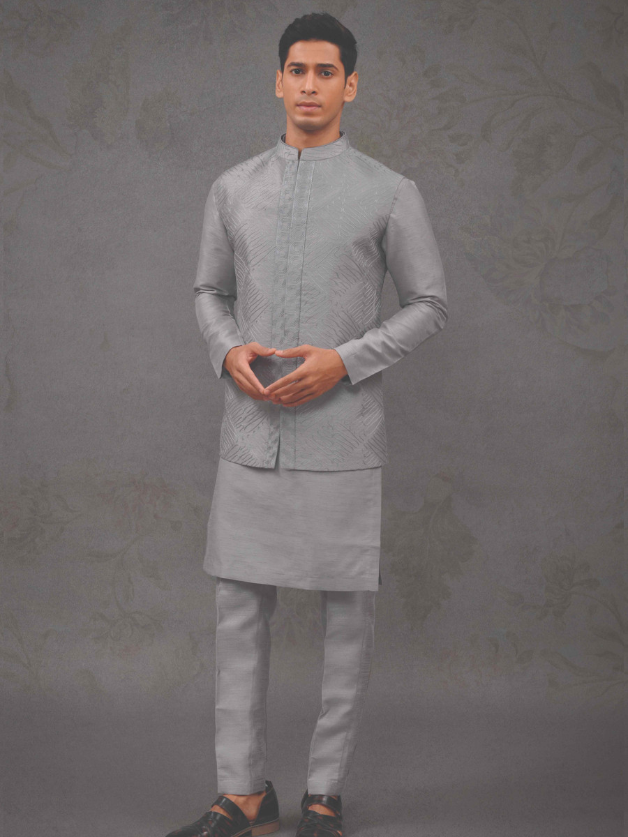 Grey Silk Woven Groom Wedding Kurta