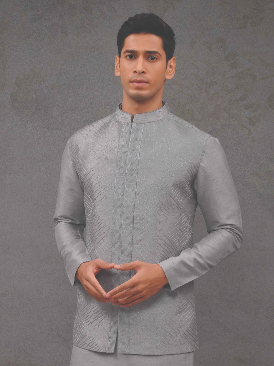 Grey Silk Woven Groom Wedding Kurta