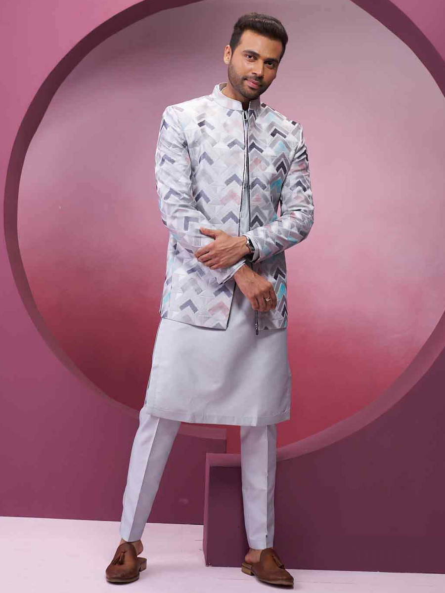 Grey Silk Woven Groom Wedding Kurta