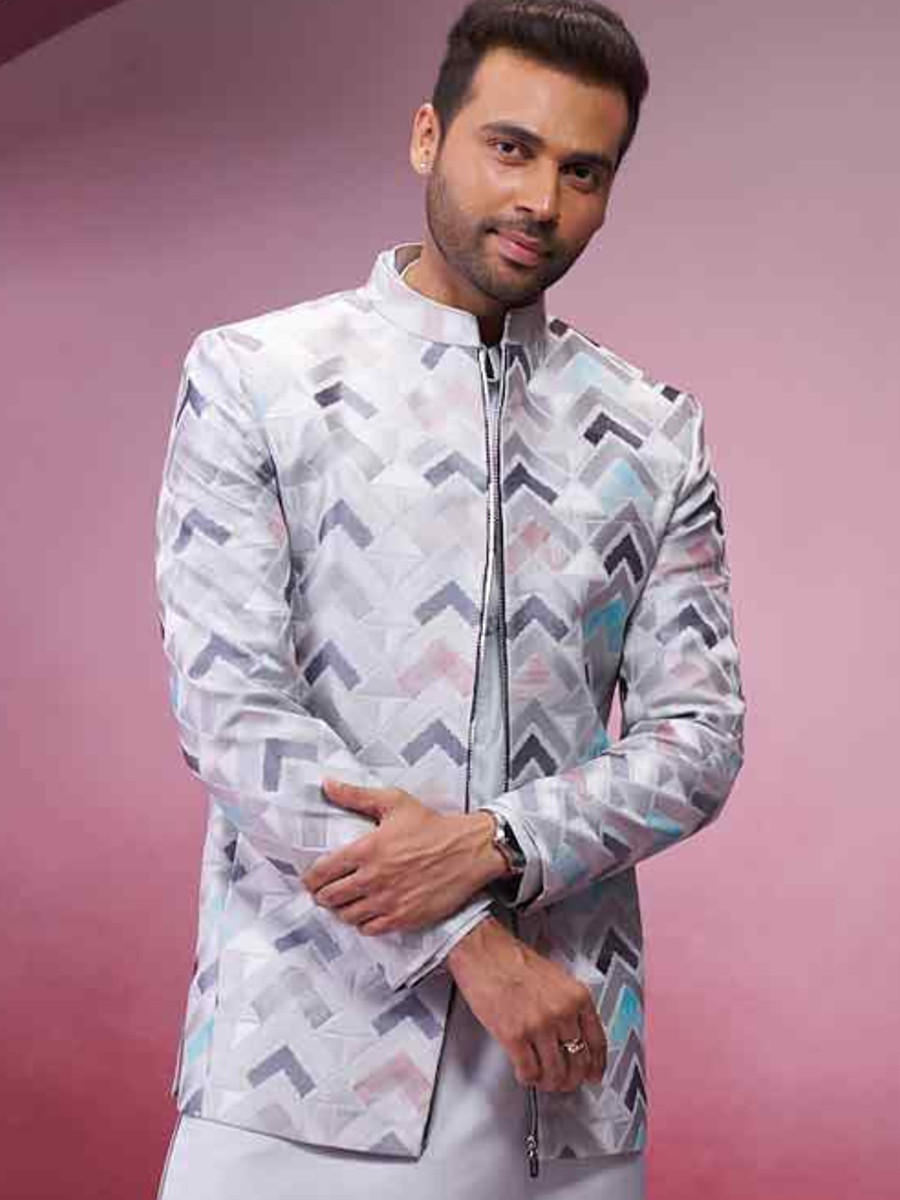 Grey Silk Woven Groom Wedding Kurta