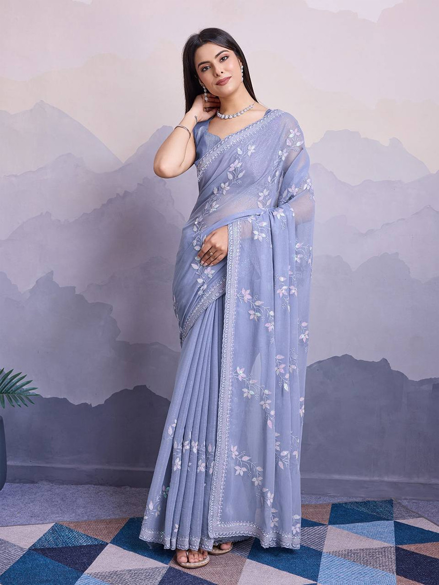 Grey Simmer Chiffon Handwoven Festival Wedding Classic Style Saree