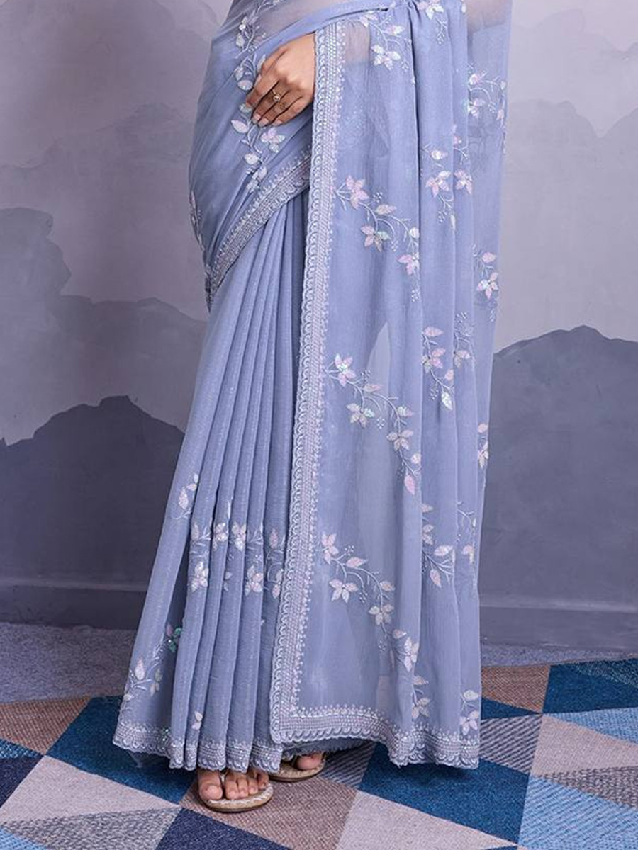 Grey Simmer Chiffon Handwoven Festival Wedding Classic Style Saree