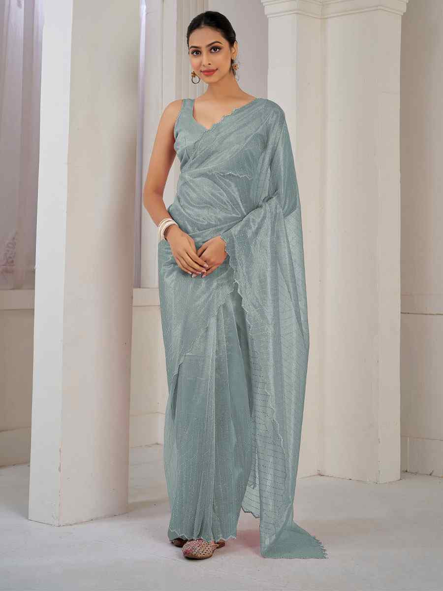 Grey Soft Organza Net Handwoven Festival Party Classic Style Saree