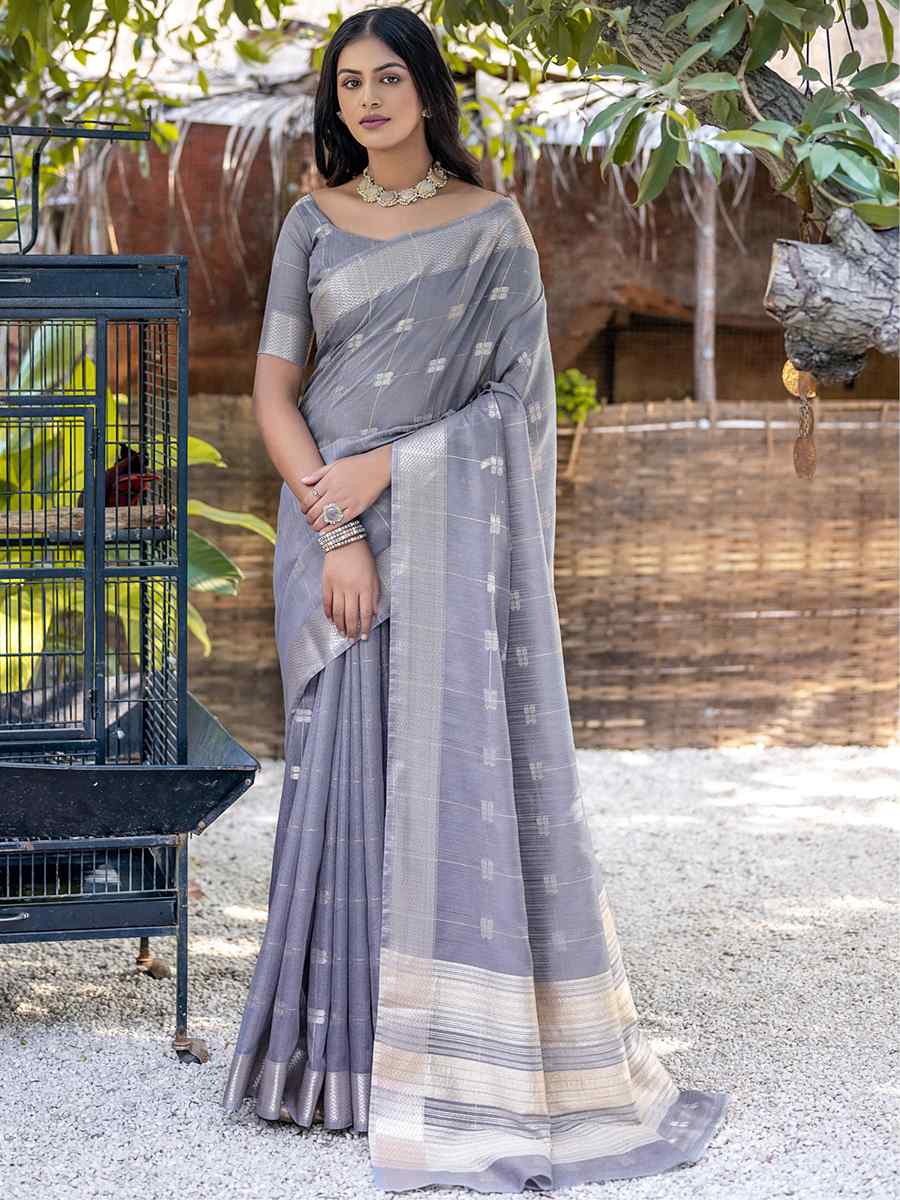 Grey Soft Resham Silk Handwoven Wedding Festival Heavy Border Saree