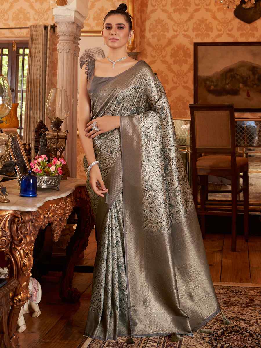 Grey Soft Silk Handwoven Wedding Festival Heavy Border Saree