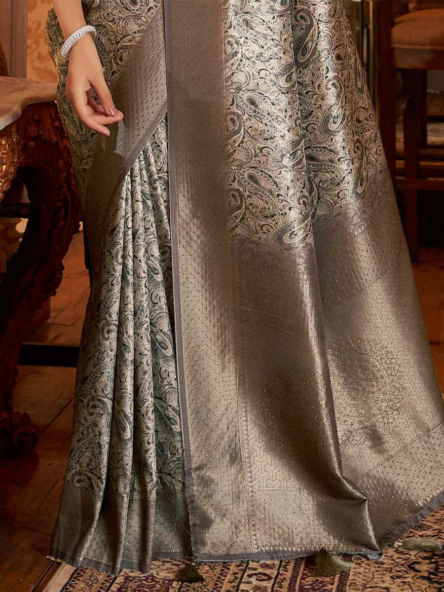 Grey Soft Silk Handwoven Wedding Festival Heavy Border Saree