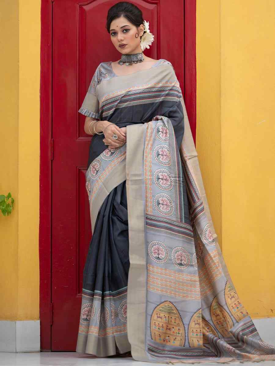 Grey Soft Tussar Silk Handwoven Casual Festival Heavy Border Saree