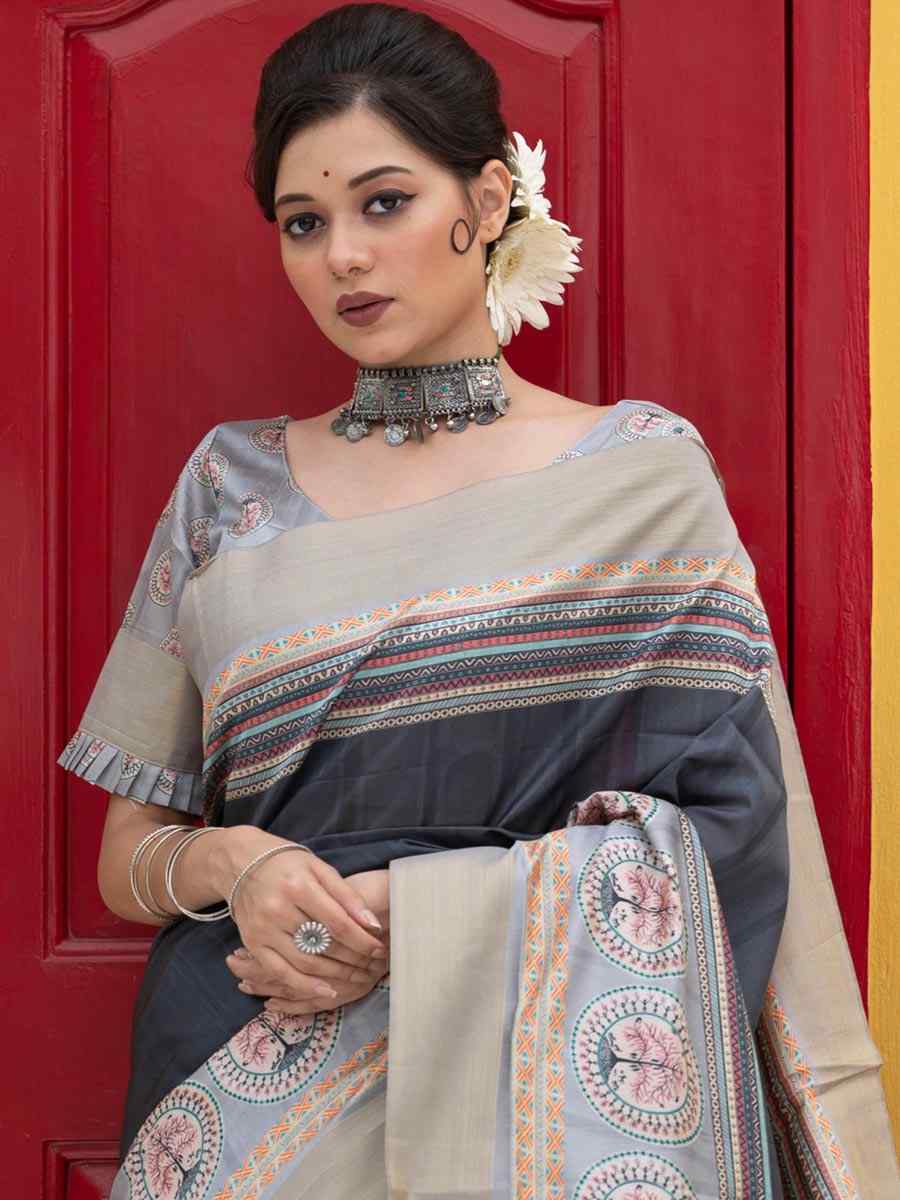 Grey Soft Tussar Silk Handwoven Casual Festival Heavy Border Saree