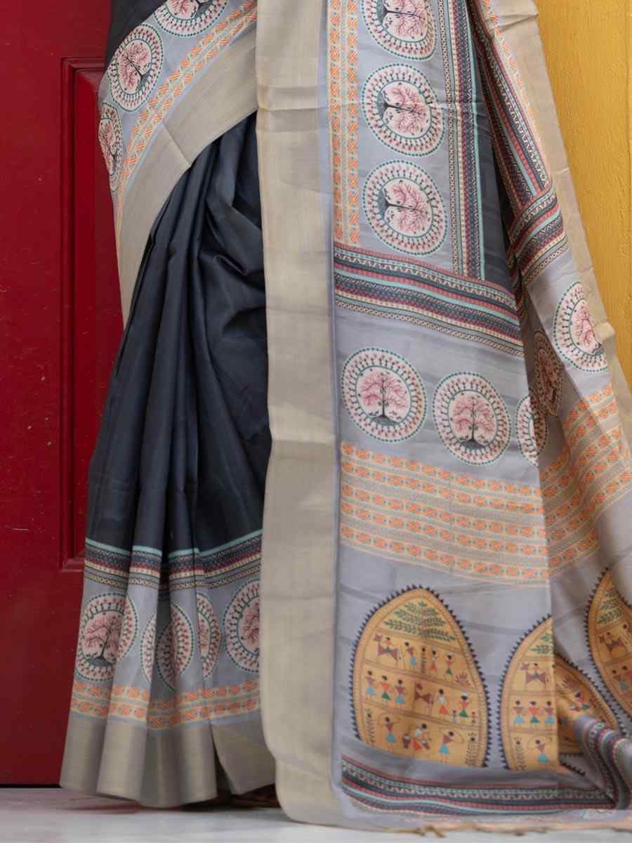 Grey Soft Tussar Silk Handwoven Casual Festival Heavy Border Saree