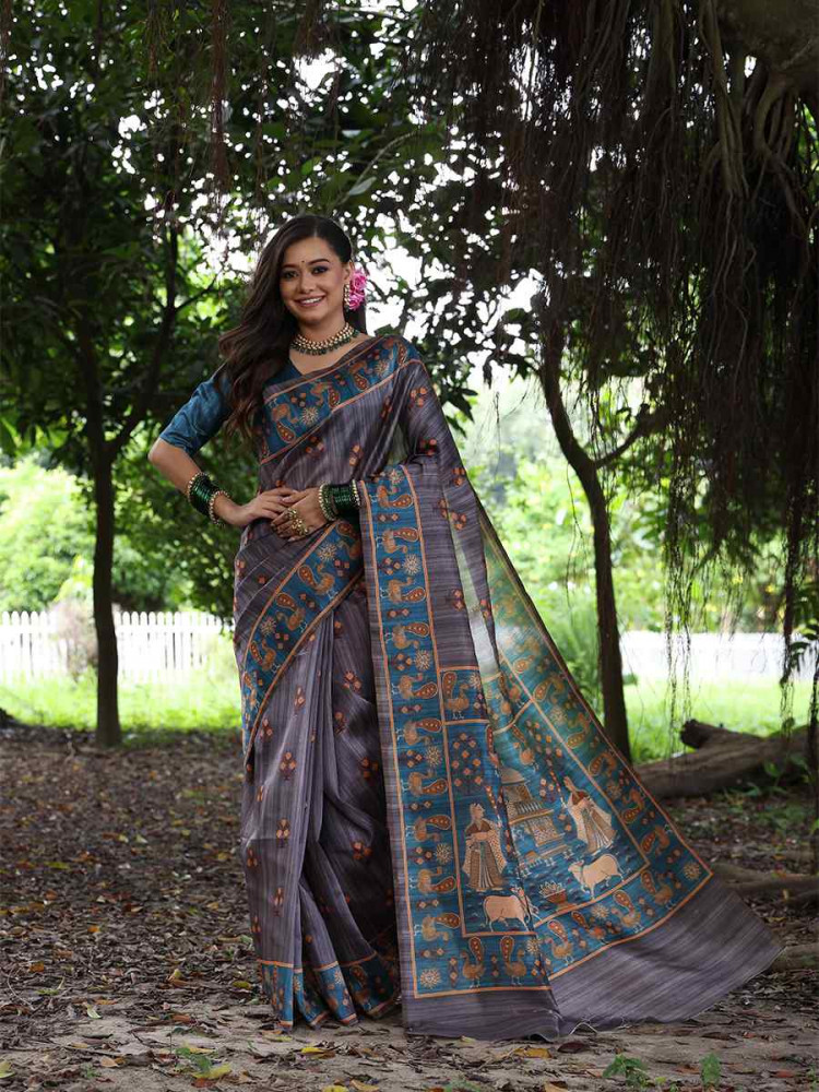 Grey Soft Tussar Silk Handwoven Festival Wedding Heavy Border Saree