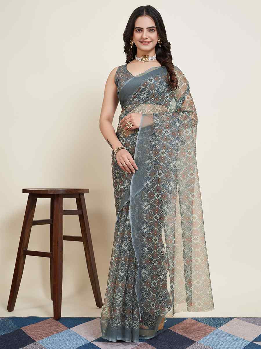 Grey Super Net Printed Festival Casual Contemporary Saree