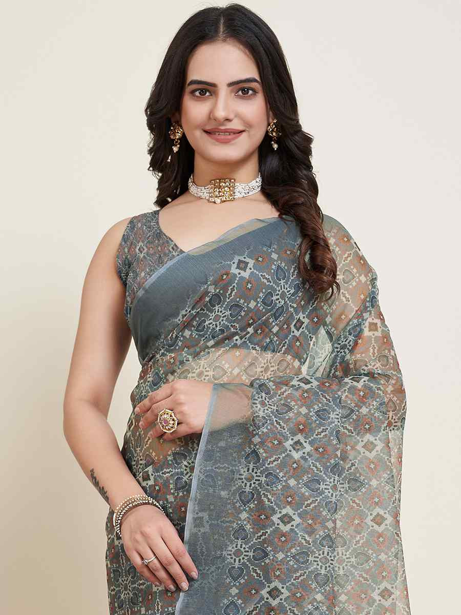 Grey Super Net Printed Festival Casual Contemporary Saree