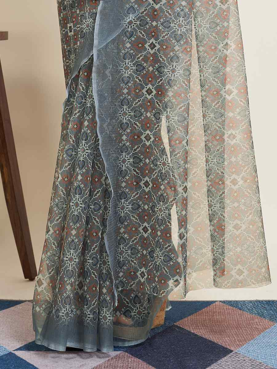 Grey Super Net Printed Festival Casual Contemporary Saree