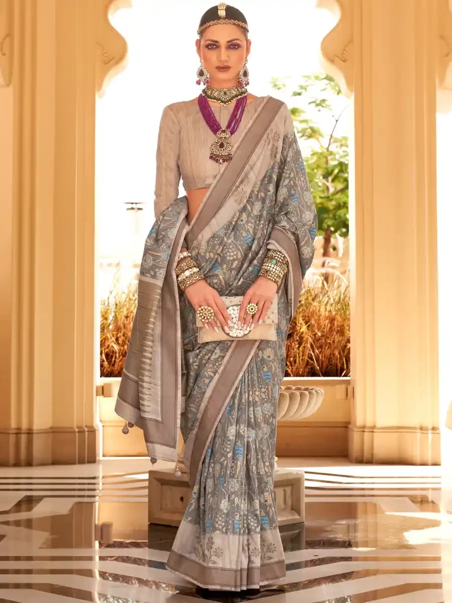 Grey Super Raw Silk Handwoven Festival Wedding Heavy Border Saree