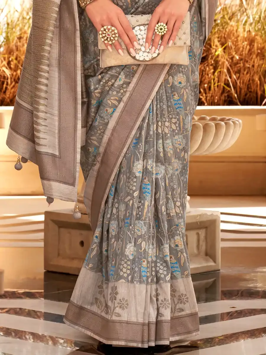 Grey Super Raw Silk Handwoven Festival Wedding Heavy Border Saree