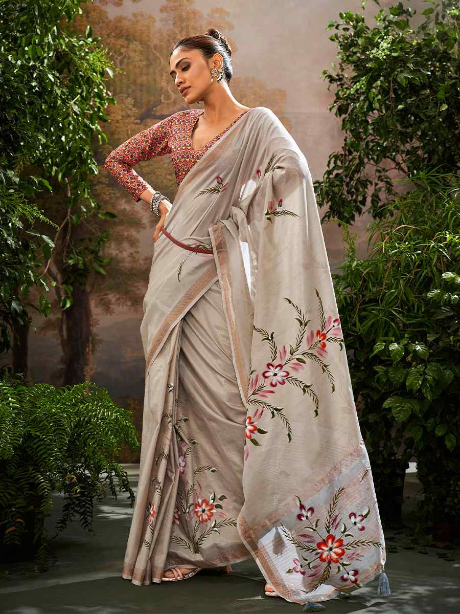 Grey Tissue Silk Handwoven Festival Casual Classic Style Saree