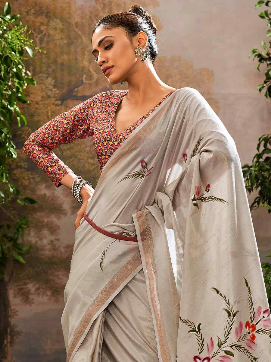 Grey Tissue Silk Handwoven Festival Casual Classic Style Saree