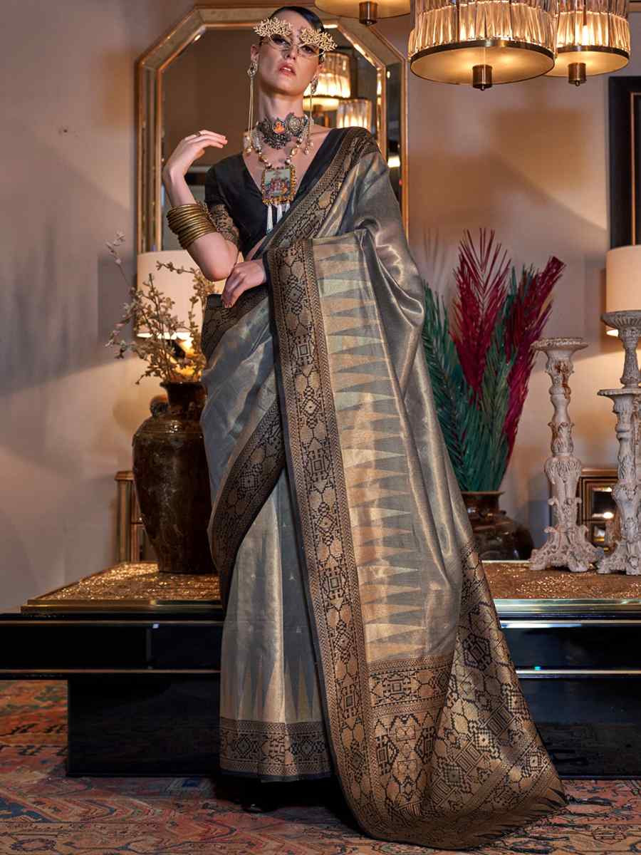 Grey Tissue Silk Handwoven Festival Wedding Heavy Border Saree