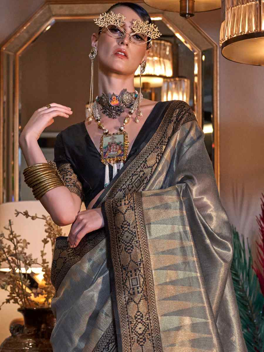 Grey Tissue Silk Handwoven Festival Wedding Heavy Border Saree