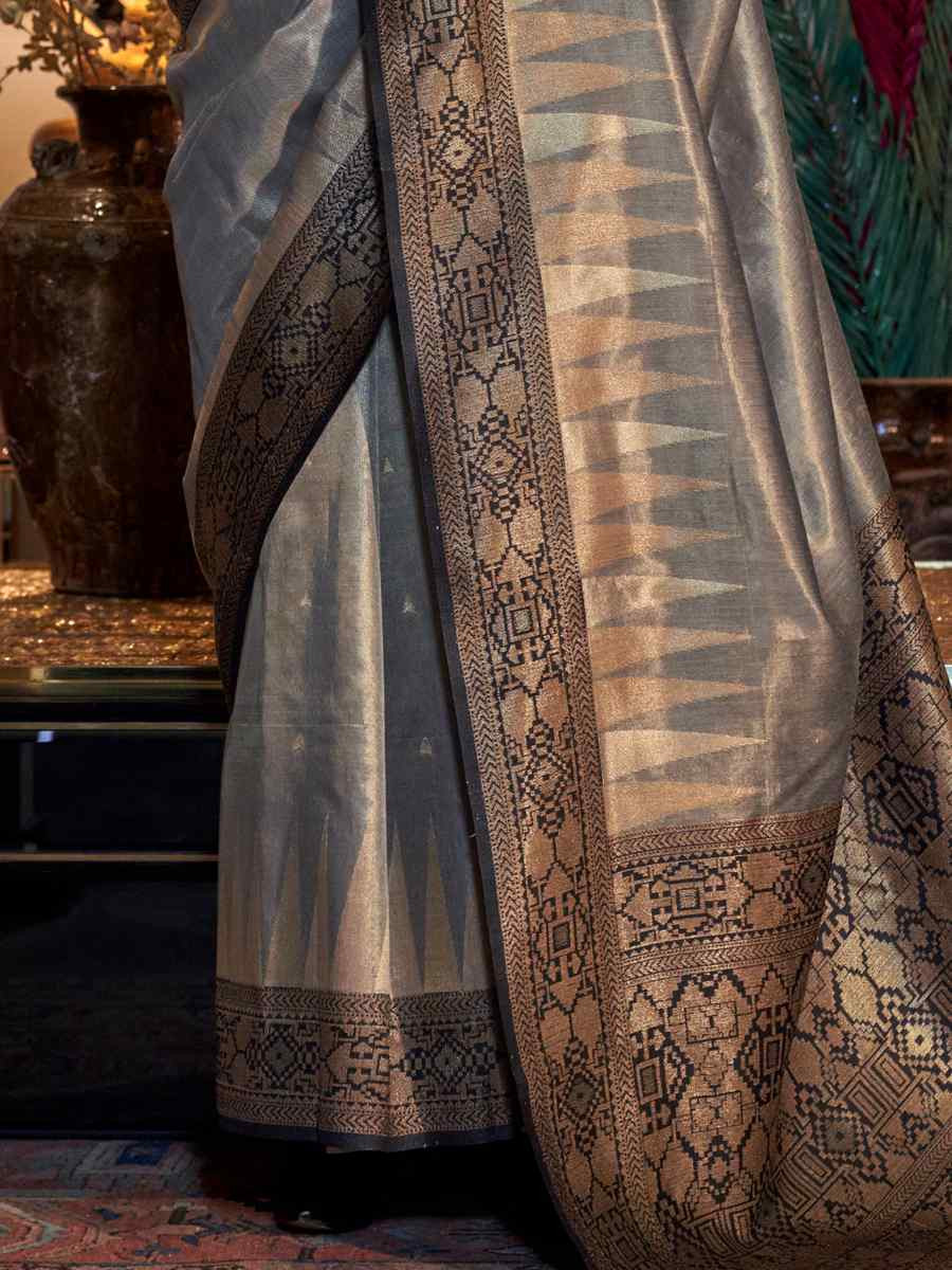 Grey Tissue Silk Handwoven Festival Wedding Heavy Border Saree