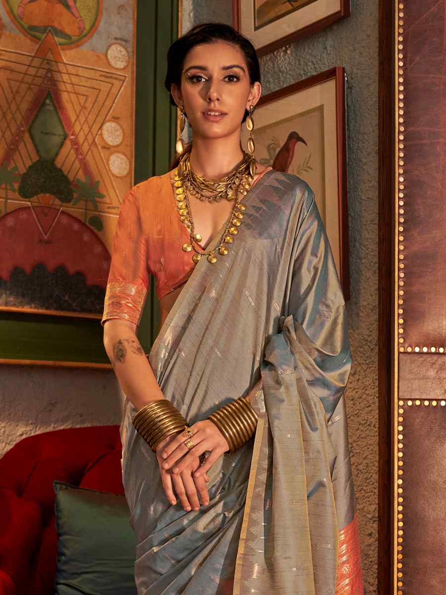 Grey Tissue Silk Handwoven Festival Wedding Heavy Border Saree