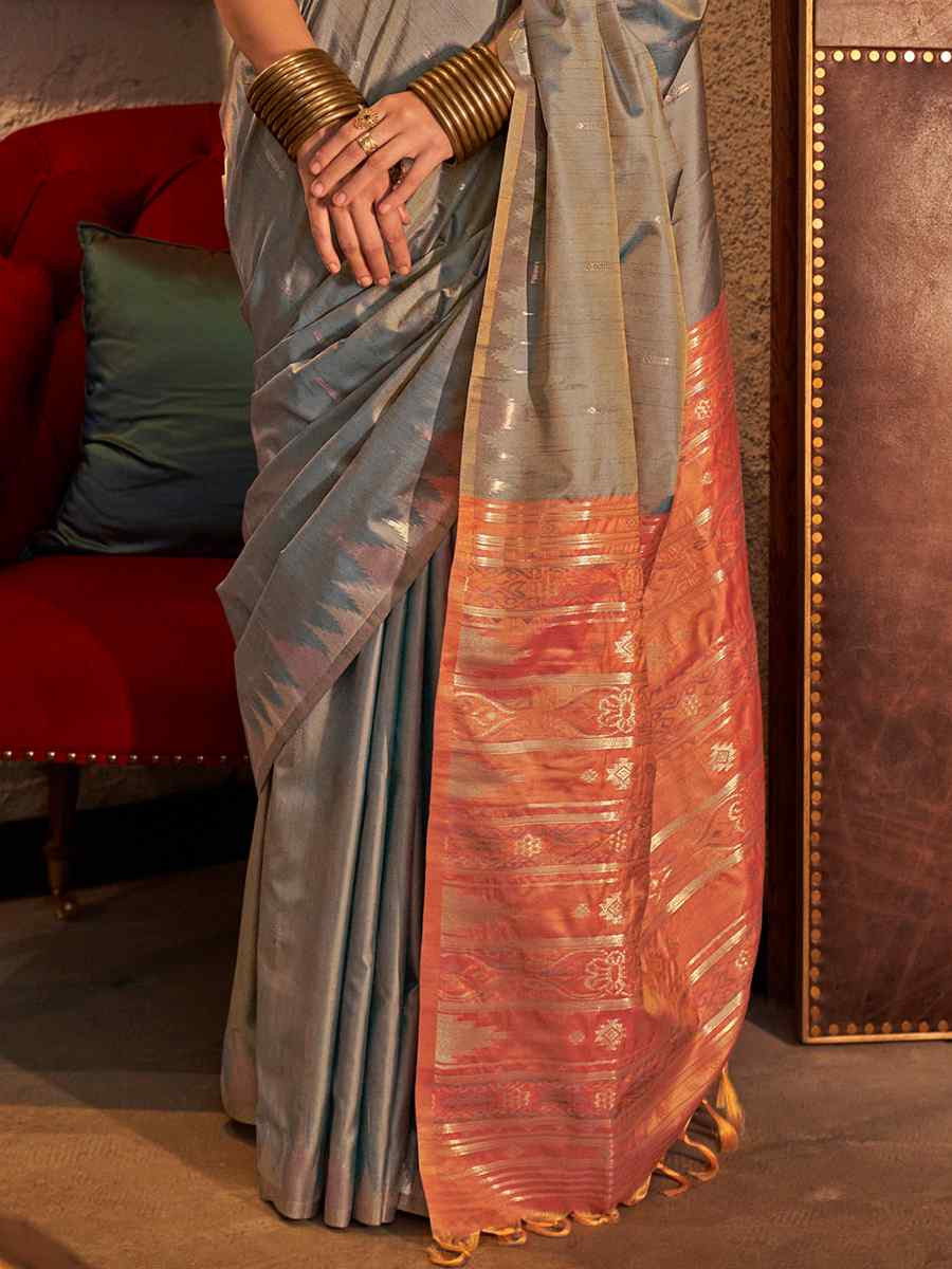 Grey Tissue Silk Handwoven Festival Wedding Heavy Border Saree