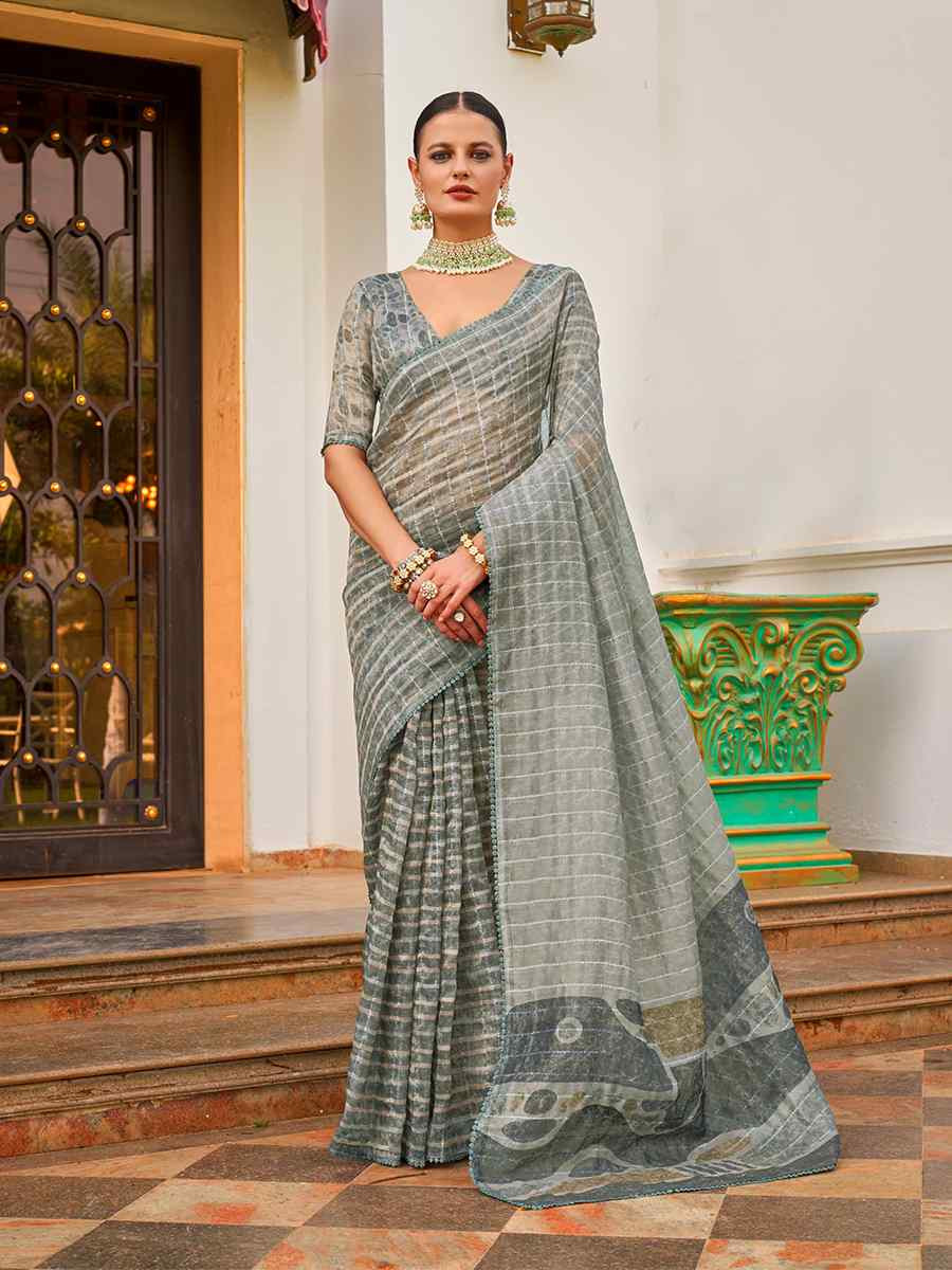 Grey Tissue Silk Printed Festival Casual Contemporary Saree