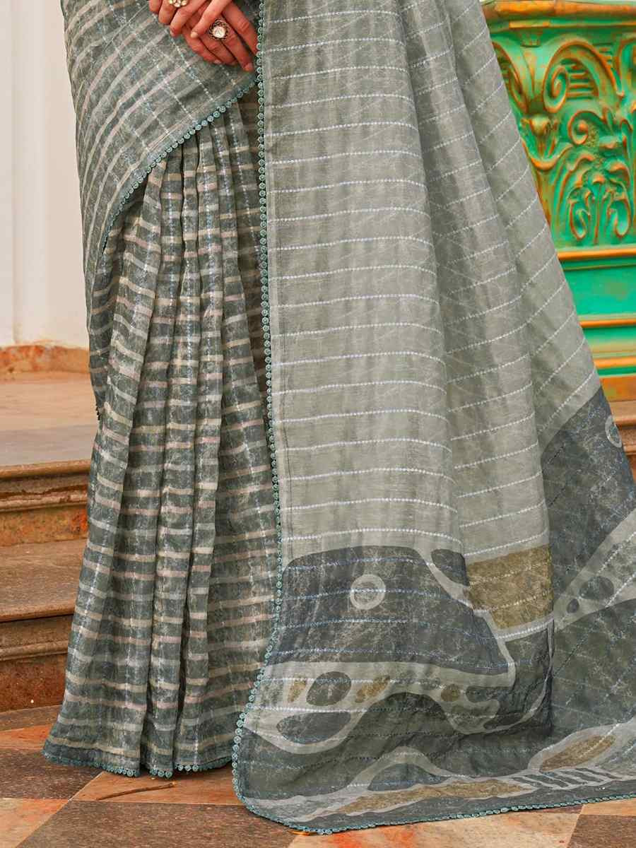 Grey Tissue Silk Printed Festival Casual Contemporary Saree