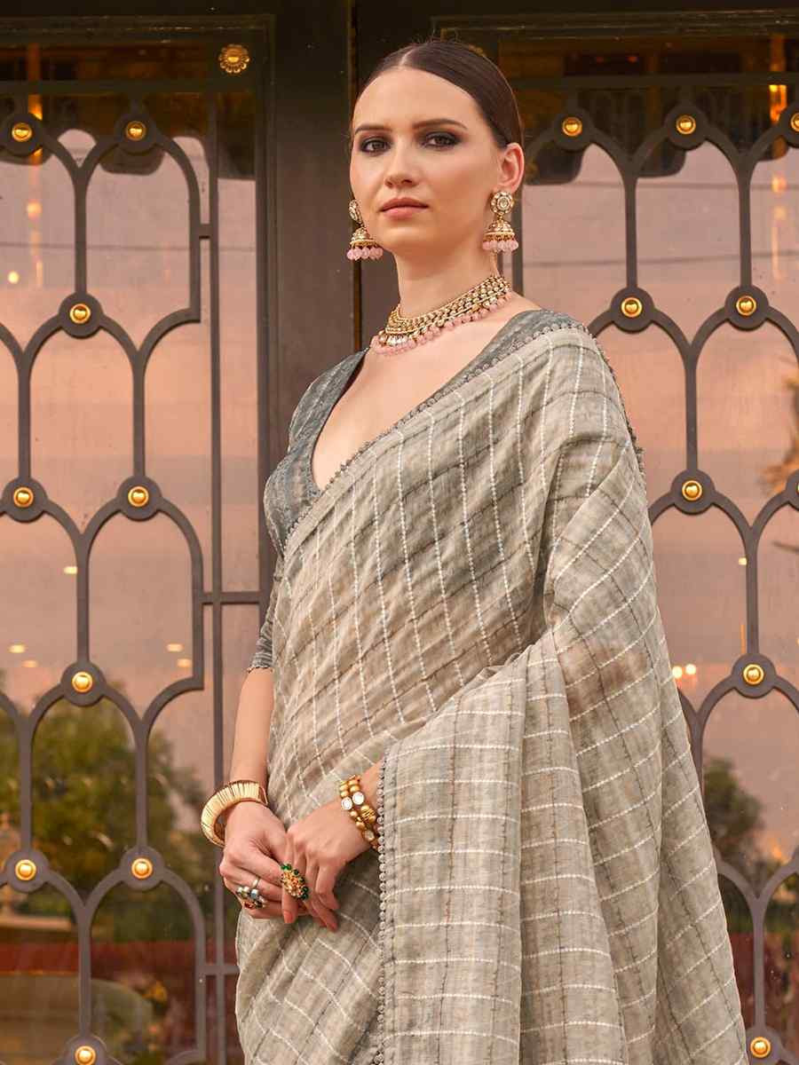 Grey Tissue Silk Printed Festival Casual Contemporary Saree