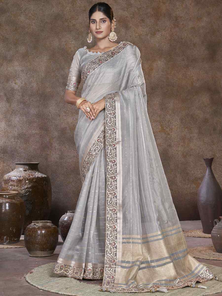 Grey Top Dyed Silk Embroidered Wedding Festival Heavy Border Saree