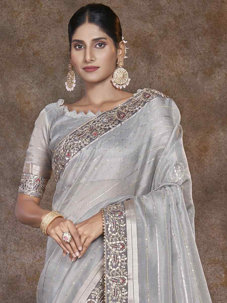 Grey Top Dyed Silk Embroidered Wedding Festival Heavy Border Saree