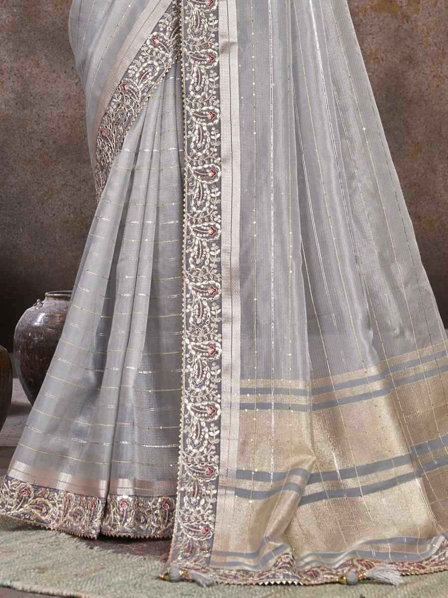 Grey Top Dyed Silk Embroidered Wedding Festival Heavy Border Saree