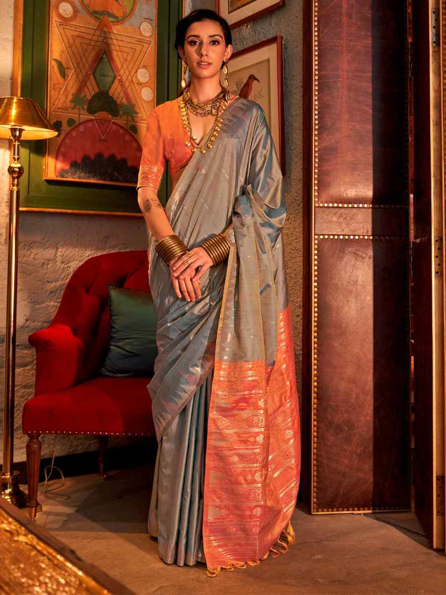 Grey Tussar Silk Handwoven Festival Casual Heavy Border Saree