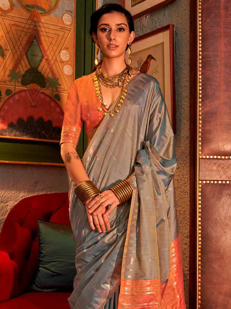 Grey Tussar Silk Handwoven Festival Casual Heavy Border Saree