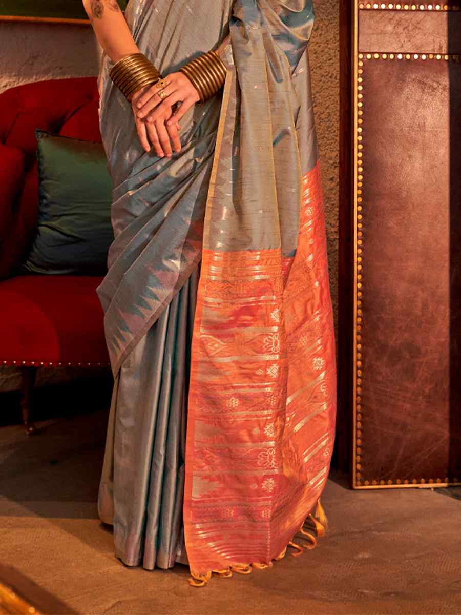 Grey Tussar Silk Handwoven Festival Casual Heavy Border Saree