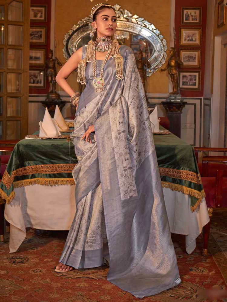 Grey Tusser Silk Handwoven Festival Wedding Heavy Border Saree