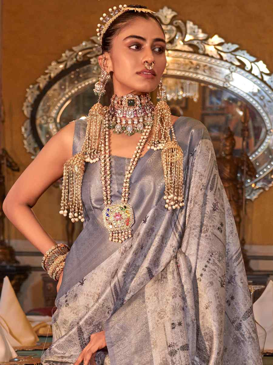 Grey Tusser Silk Handwoven Festival Wedding Heavy Border Saree