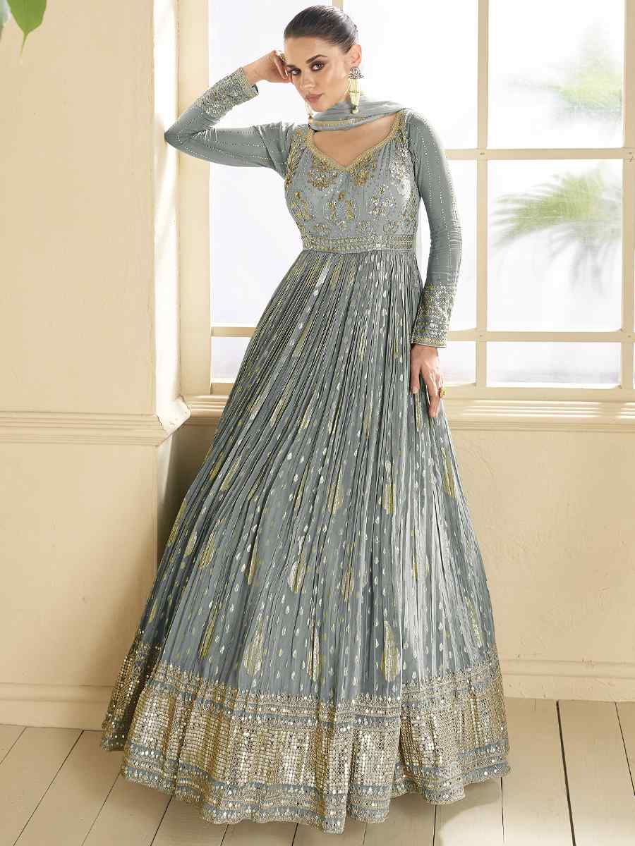 Grey Viscose Jacquard Embroidered Festival Wedding Anarkali Salwar Kameez