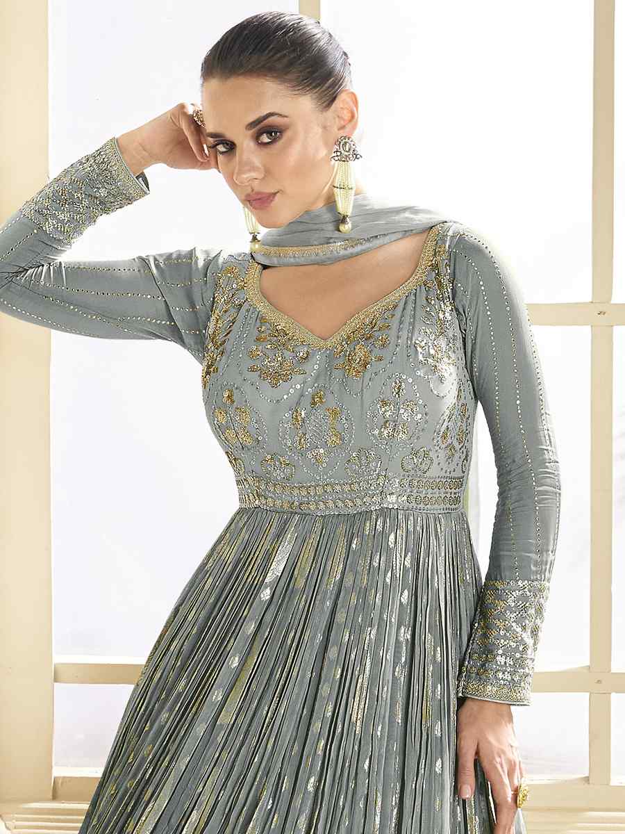 Grey Viscose Jacquard Embroidered Festival Wedding Anarkali Salwar Kameez