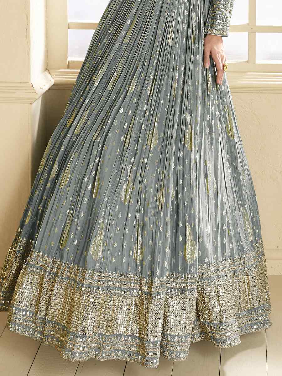 Grey Viscose Jacquard Embroidered Festival Wedding Anarkali Salwar Kameez